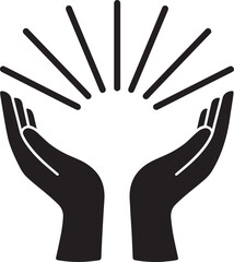 Silhouette of hands radiating light beams, symbolizing energy, healing, power, spirituality, enlightenment, and positive vibrations.