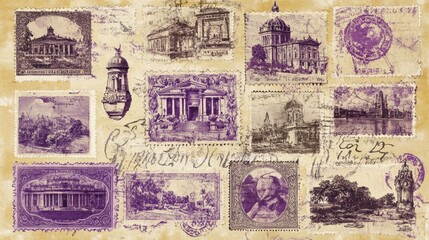 Naklejka premium Vintage stamps from various countries. Great for hobbyists! Has an antique style and purple colors. #stamps #purple #collection #hobby 