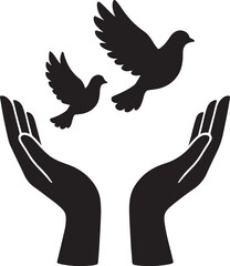 Silhouette of hands releasing doves, symbolizing peace, freedom, hope, spiritual release, and harmony in a serene, minimalist design.