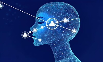 Abstract depiction of a head profile with a network of interconnected lines and dots, symbolizing concepts of AI and human connection. White person icons connect through lines - Powered by Adobe