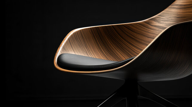 Modern Walnut Wood Chair: A close-up showcasing the exquisite craftsmanship of a modern chair, featuring a sleek walnut wood shell and a comfortable black leather seat.