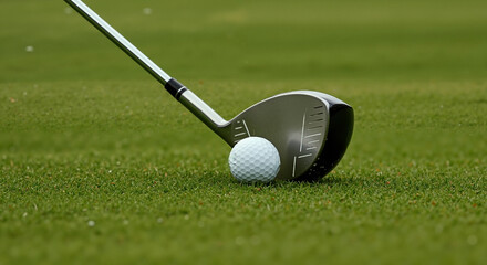 Close-up of golf club hitting white ball on perfectly manicured green grass. Dynamic impact moment. sports equipment in action. Precision technique demonstration for players
