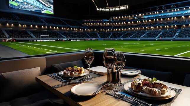 An exclusive dining experience unfolds in a private suite overlooking a lively football stadium, offe a unique blend of gourmet cuisine and sporting excitement.