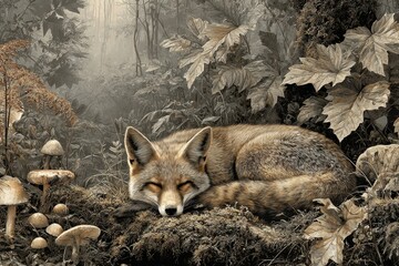 Obraz premium Serene Fox Resting in Lush Forest Amidst Foliage and Mushrooms, Capturing Tranquility and Nature's Beauty