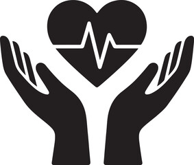 Silhouette of hands supporting a heartbeat line, symbolizing care, health, life support, medical aid, love, and wellness in a minimalist style.