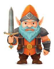 cartoon fantasy dwarf character with a bright blue beard and armor wearing an orange hat he stands firmly with a determined expression the design is a colorful vector illustration emphasizing fantasy 