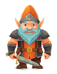 cartoon fantasy dwarf character with a bright blue beard and armor wearing an orange hat he stands firmly with a determined expression the design is a colorful vector illustration emphasizing fantasy 