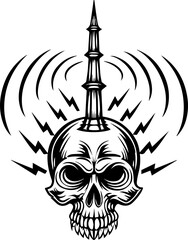 SVG skull tattoo featuring cyber mechanic elements in detailed vector style. Skull with Radio Tower and Lightning Bolts in Bold Black Art Style