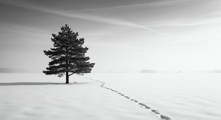 Lone tree in winter landscape with footprints