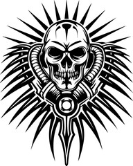 SVG skull tattoo featuring cyber mechanic elements in detailed vector style. Detailed Black and White Skull Design with Sharp Spikes Background
