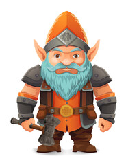 cartoon fantasy dwarf character with a bright blue beard and armor wearing an orange hat he stands firmly with a determined expression the design is a colorful vector illustration emphasizing fantasy 