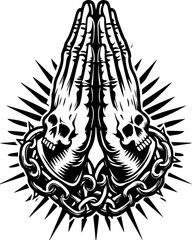 SVG skull tattoo featuring cyber mechanic elements in detailed vector style. Praying Hands with Skull Design and Chains in Black and White