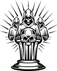 SVG skull tattoo featuring cyber mechanic elements in detailed vector style. Grim Reaper Design with Cloaked Figures and Skull Motif for Art