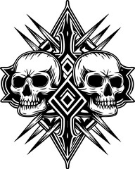 SVG skull tattoo featuring cyber mechanic elements in detailed vector style. Intricate Skull Design with Sharp Spikes and Geometric Elements
