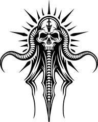 SVG skull tattoo featuring cyber mechanic elements in detailed vector style. Intricate Skull Design with Tentacles and Sharp Spikes Art