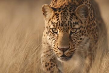 Fototapeta premium Majestic leopard prowling through tall golden grass in the wild, showcasing its powerful form and intricate fur patterns in nature