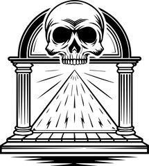 SVG skull tattoo featuring cyber mechanic elements in detailed vector style. Skull Symbol at Arch with Rays of Light on Decorative Background