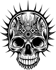 SVG skull tattoo featuring cyber mechanic elements in detailed vector style. Intricate Skull Design with Cybernetic Elements and Spikes