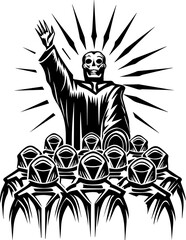 SVG skull tattoo featuring cyber mechanic elements in detailed vector style. Dark Artistic Illustration of Figure Raising Arm in Monochrome Design