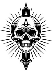 SVG skull tattoo featuring cyber mechanic elements in detailed vector style. Intricate Skull Design with Radiating Elements and Decorative Spear
