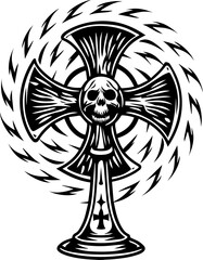 SVG skull tattoo featuring cyber mechanic elements in detailed vector style. Skull Cross with Swirling Lightning Design for Gothic Artwork
