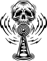 SVG skull tattoo featuring cyber mechanic elements in detailed vector style. Skull with Radio Waves Emitting from Tower in Vintage Style
