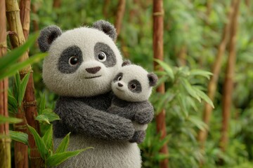 Fototapeta premium Cute Animated Panda Character Embracing Baby Panda in Lush Green Bamboo Forest Setting for Child-Friendly Themes