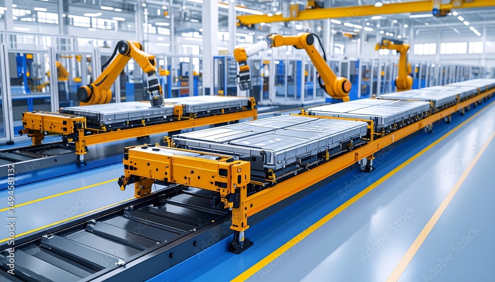 Aufkleber Robotic arms assembling batteries on a line.