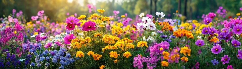 Obraz premium Blooming flowers in meadow inside vibrant tropical paradise concept. Vibrant flower field with a mix of colors and natural beauty.