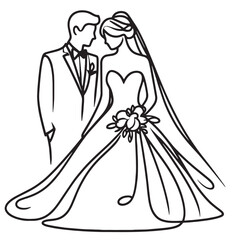 bride and groom wedding  couple  vector illustration simple one line drawing