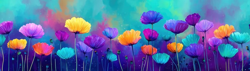 Blooming flowers in meadow under mystical vibrant tropical sky concept. Vibrant flowers in a stunning array of colors and backgrounds.
