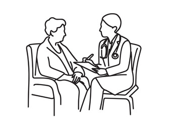 the doctor is counseling the old woman patient vector illustration  simple one line drawing