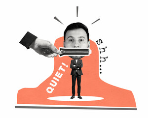 A man with a zipped mouth. A hand pulls the zipper. Around him the words silence and shh... © svetazi