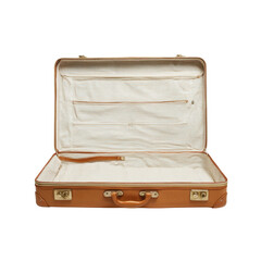 An open, vintage leather suitcase with a striped interior lining, brass hardware, and a handle lies empty on a white background ready for packing travel goods.