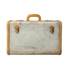 A weathered vintage suitcase with a distressed gray exterior and worn yellow trim rests against a clean white background, evoking a sense of history and travel.