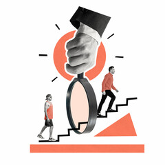 A man climbs the career ladder. Art collage.