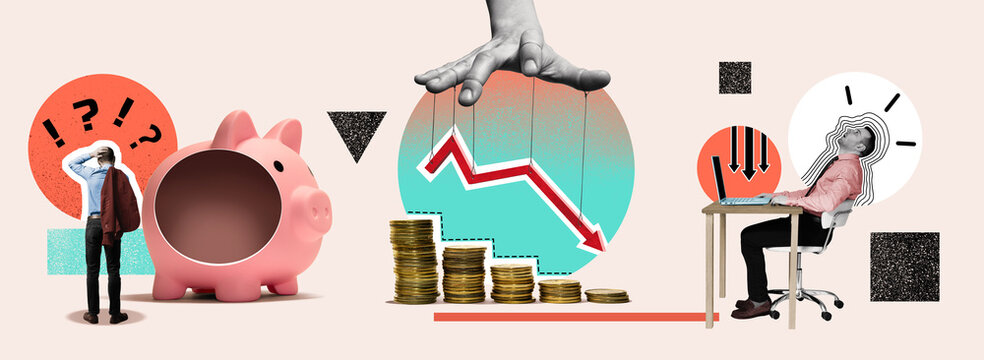Creative collage including various elements: financier near empty piggy bank, descending financial chart, sad manager near laptop.