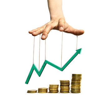 A puppeteer's hand with strings attached to fingers manipulates a upward trending financial graph. Symbolizes market control, economic influence, and artificial trends.