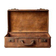 An empty, vintage brown leather suitcase is open, revealing its worn interior, standing against a plain white background, evoking a sense of travel memories.