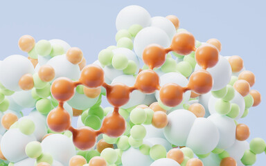 Chemical molecule with particles spheres background, 3d rendering.