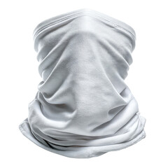 A plain white multifunctional neck gaiter or face cove is displayed against a stark white backdrop, showcasing its simple design and versatility for various uses.