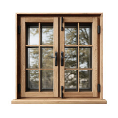 Obraz premium A double window with a light wood frame and black hardware is showcased against a white background, providing a clear view of the nature outside the glass, and adds charm.
