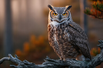 Wild Great Horned Owl in Golden Forest Glow – Moody Telephoto Wildlife Capture

