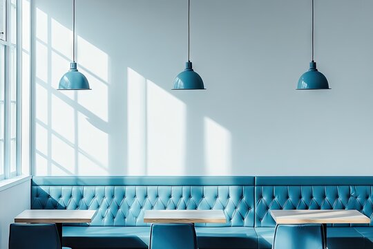 Modern cafe interior design with teal accents.
