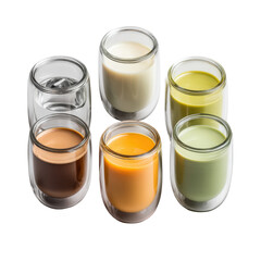 Six double walled glasses containing water, milk, matcha, coffee, thai tea, and light green smoothie sit on a white background, perfect for a vibrant beverage menu.
