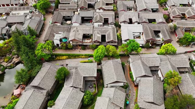 Aerial top down view of Dayan, the Old Town of Lijiang, in Yunnan, China, traditional Chinese architecture 