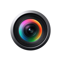 A camera lens with a colorful rainbow-spectrum reflection radiates outward in a perfect circle, isolated on a white background, demonstrating a close-up perspective.