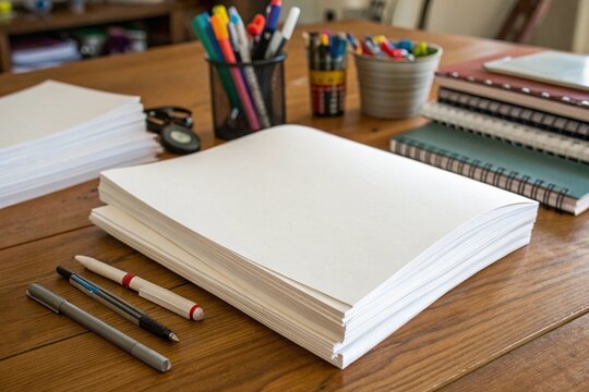 A stack of blank paper sits on a wooden table next to a pencil and a pen