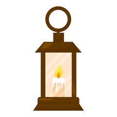 Old fashioned brown lantern with melting candle and glowing flame inside. Isolated on white background. Vector illustration in cartoon style.