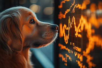 Golden Retriever gazing at financial charts